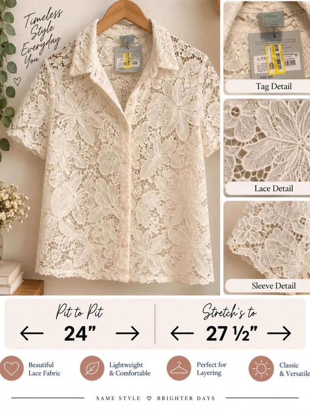 A New Day Women's Mini Cap Sleeve Mandarin Collar Lace Top